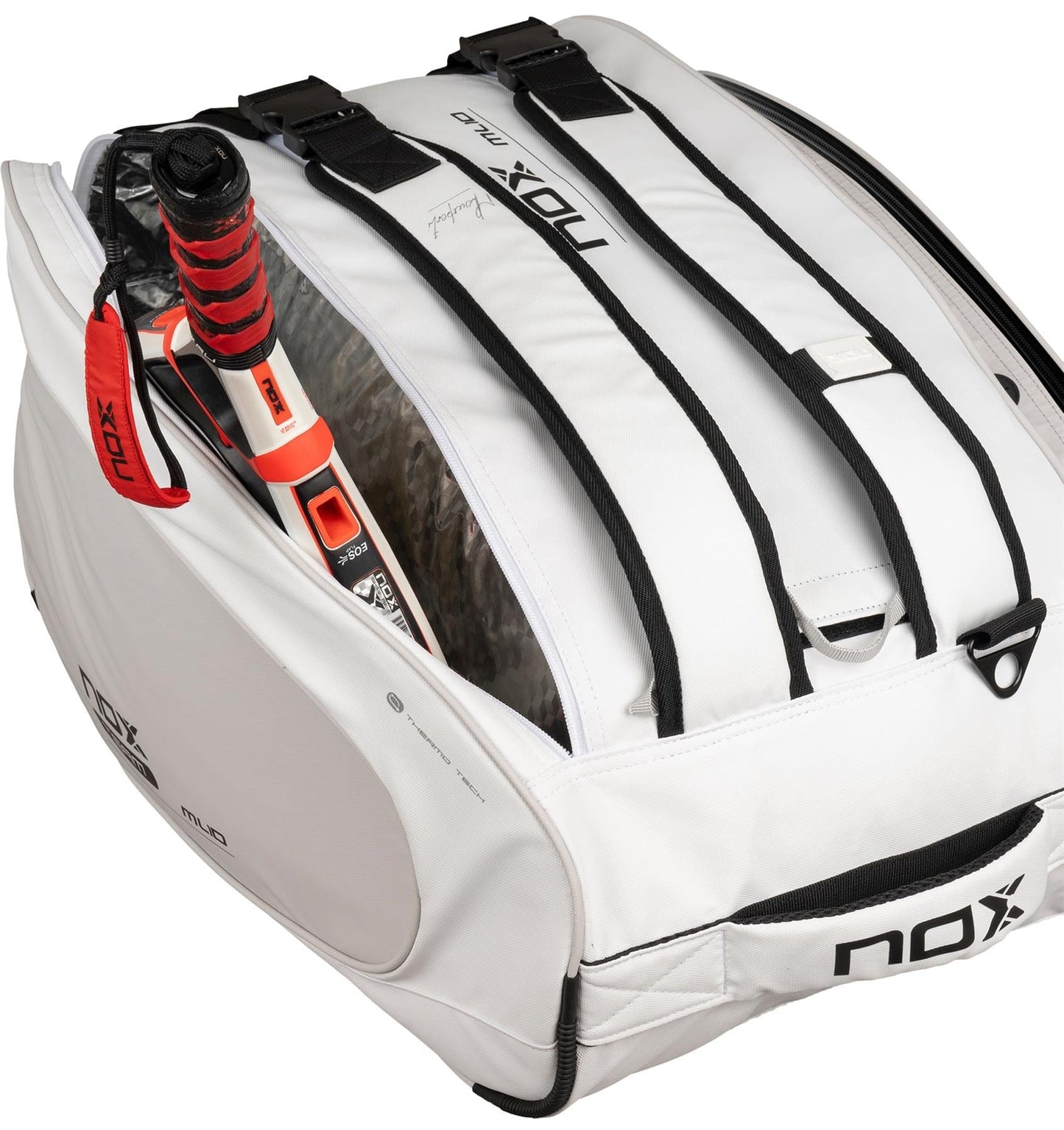 The NOX ML10 Team Padel Racket Bag in white and grey is shown partially unzipped, displaying two red and black padel rackets. This versatile bag from NOX features multiple straps and bold branding.