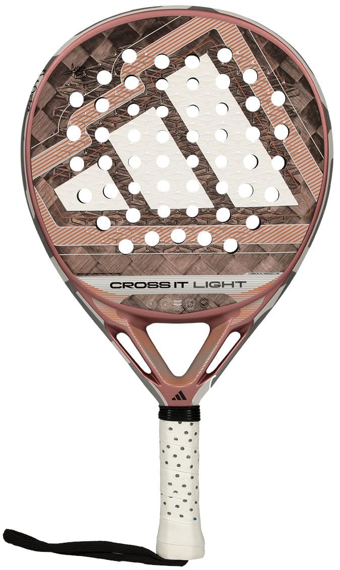 The adidas Cross It Light 2026 Padel Racket is pink and brown with carbon fibre construction, a white perforated grip with wrist strap, and a bold adidas logo across the face.