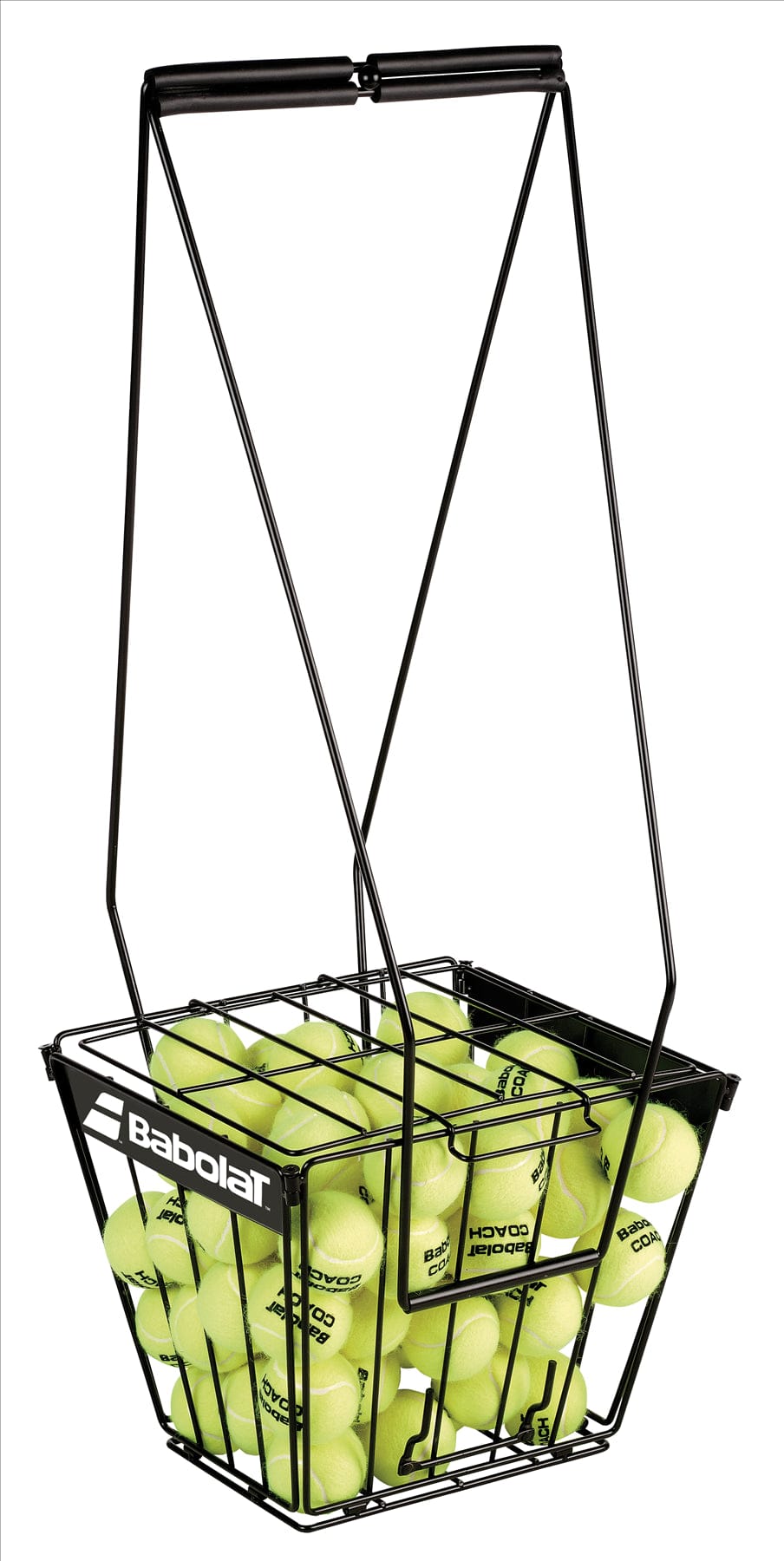 Filled with yellow tennis balls, the black metal ball hopper is perfect for training sessions. It comes equipped with a convenient handle for easy transport and features a branded logo on its side, showcasing the sleek functionality of the Babolat Padel Ball Cart.