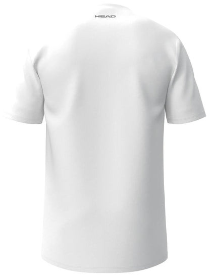 A BACK VIEW of the HEAD Simple Men's Padel T-Shirt in white features short sleeves and a small "HEAD" logo near the neckline. This sporty design offers athletic comfort with a plain look, free from extra patterns or colors.