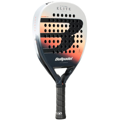 The Bullpadel Elite W 2026 Padel Racket by Bullpadel boasts a stylish black, white, and orange gradient design with a bold "B" logo, round holes, and a black grip—ideal for women seeking lightweight performance on the court.