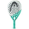 The HEAD Gravity Motion 2024 Padel Racket features a teardrop shape, white and mint green design, large black logo, Spin Surface, circular holes, Auxetic 2.0 technology, and "GRAVITY" printed at the center.