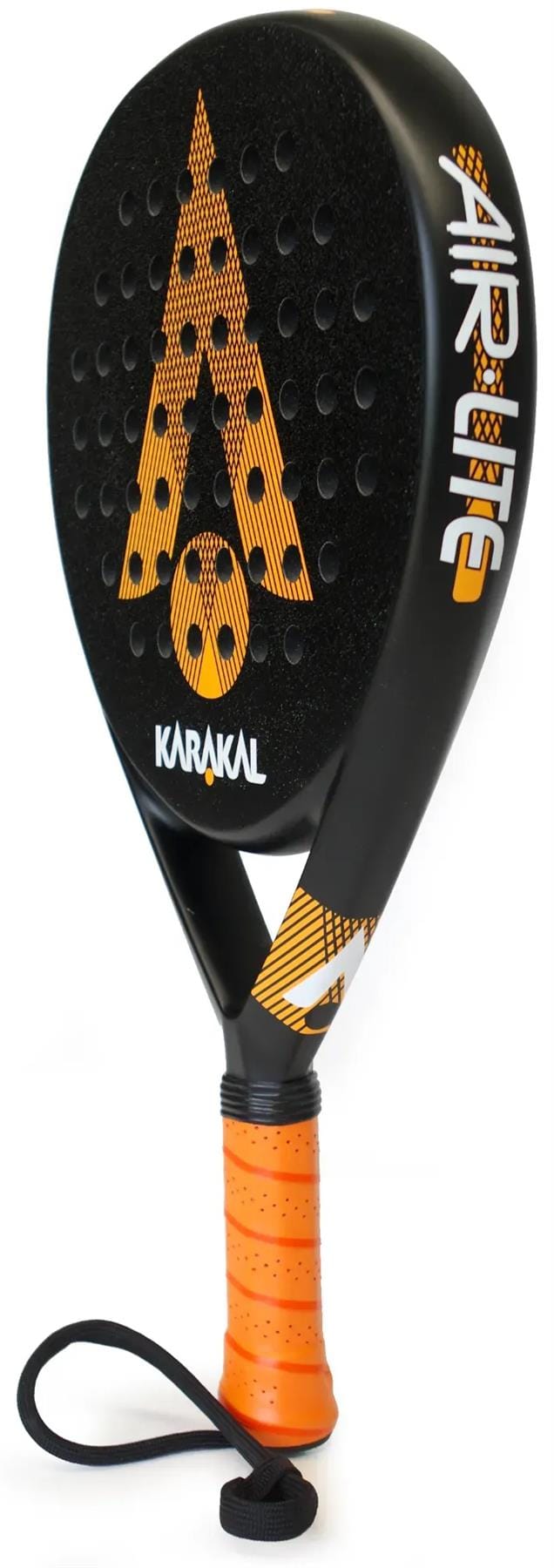 The Karakal Air Lite 345 Orange Padel Racket features a teardrop shape, textured black and orange design, large "A" logo, orange grip, "KARAKAL" on the face, "AIRLITE" on the side, and a black wrist strap.