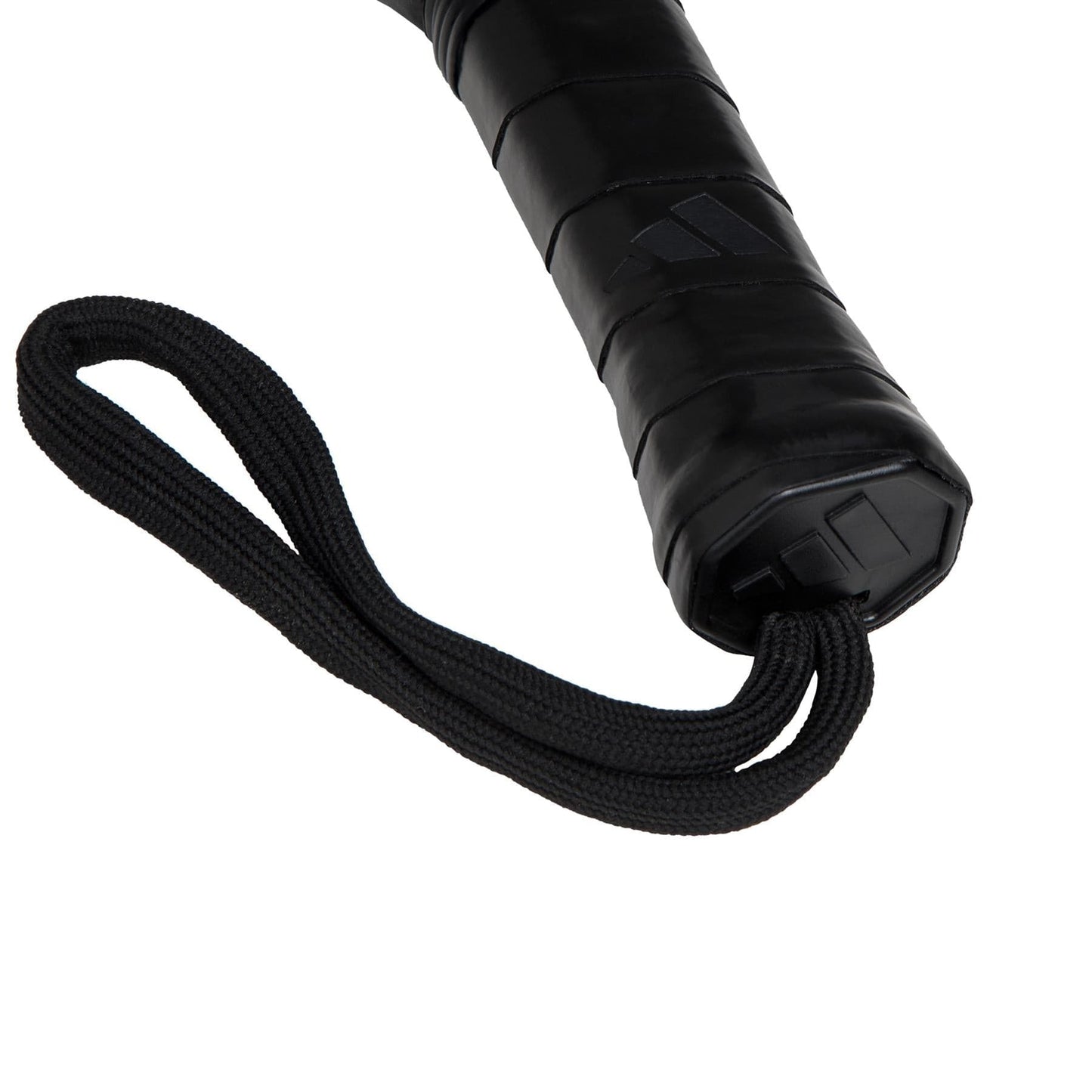 Close-up of a black handle with wrapped grip and wrist strap, like the adidas RX Series Red 3.4 Padel Racket, featuring an embossed logo for an intermediate padel racket look.
