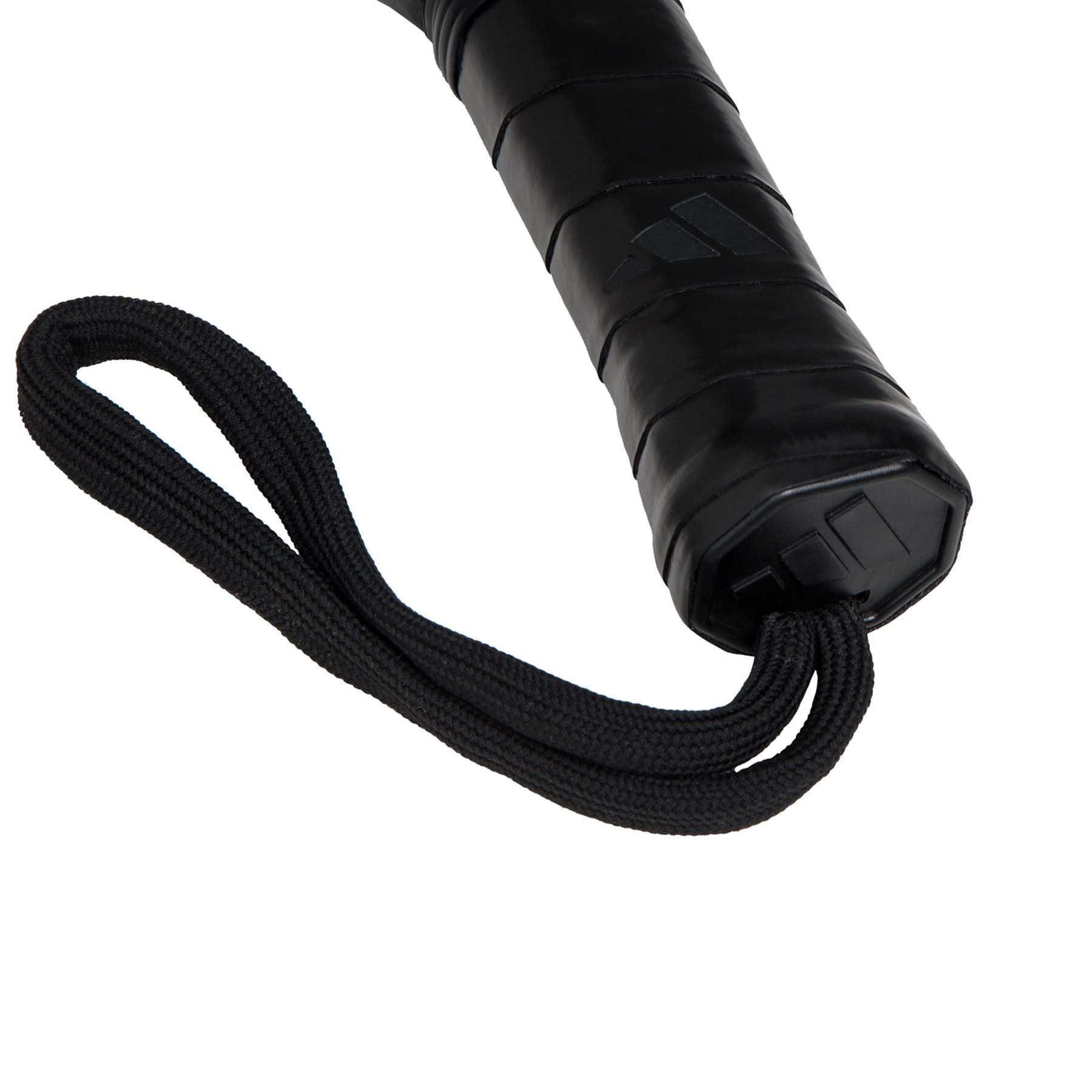 Close-up of a black handle with wrapped grip and wrist strap, like the adidas RX Series Red 3.4 Padel Racket, featuring an embossed logo for an intermediate padel racket look.