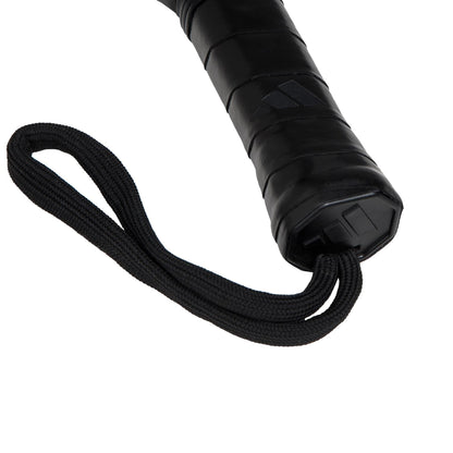 Close-up of a black handle with wrapped grip and wrist strap, like the adidas RX Series Red 3.4 Padel Racket, featuring an embossed logo for an intermediate padel racket look.
