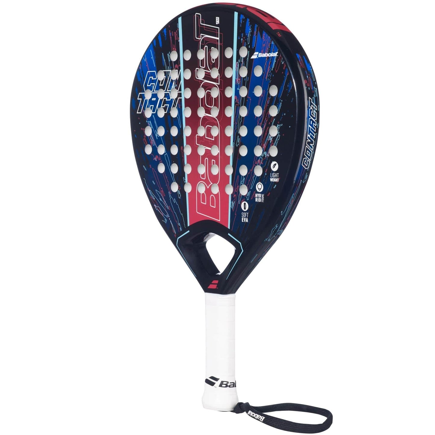 The Babolat Contact Padel Racket by Babolat features a blue, black, and red design with a white grip and wrist strap. Ideal for beginners, it offers excellent control, stylish graphics, branded face, and multiple holes for improved play.