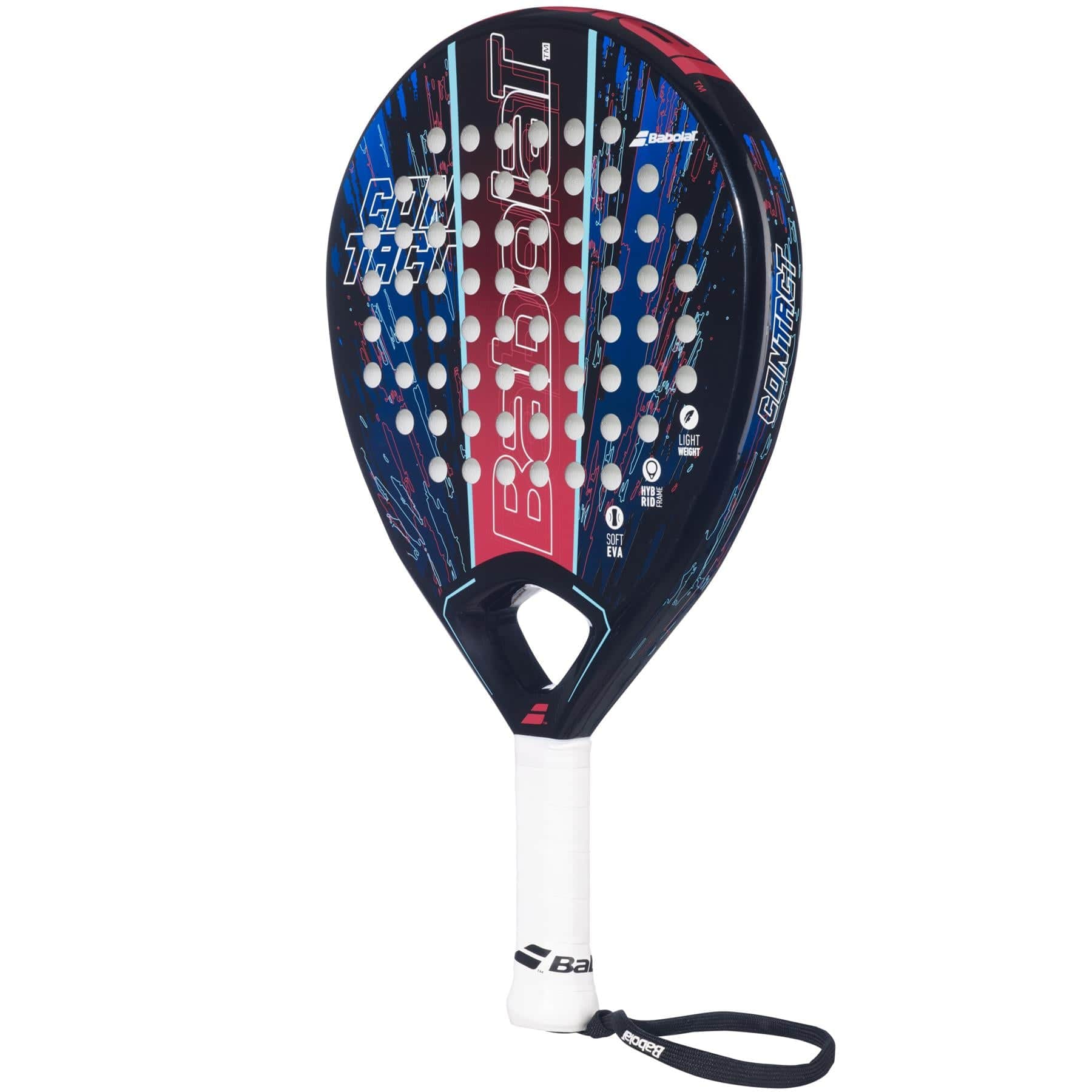 The Babolat Contact Padel Racket by Babolat features a blue, black, and red design with a white grip and wrist strap. Ideal for beginners, it offers excellent control, stylish graphics, branded face, and multiple holes for improved play.