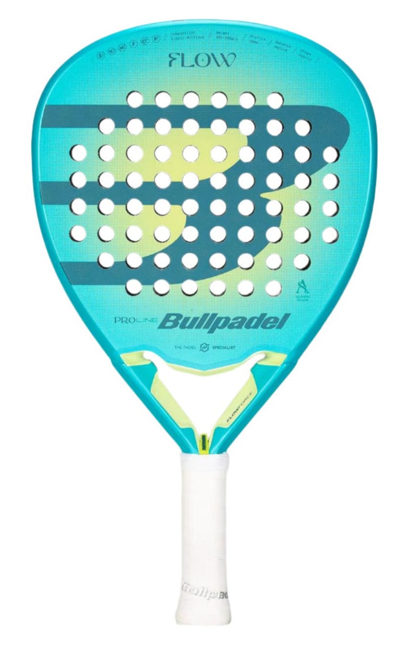 The Bullpadel Flow W 2025 Padel Racket is turquoise with FLOWFORCE tech, a white grip, round head, yellow accents, and evenly spaced holes. "Bullpadel" appears on both the head and throat of the racket.