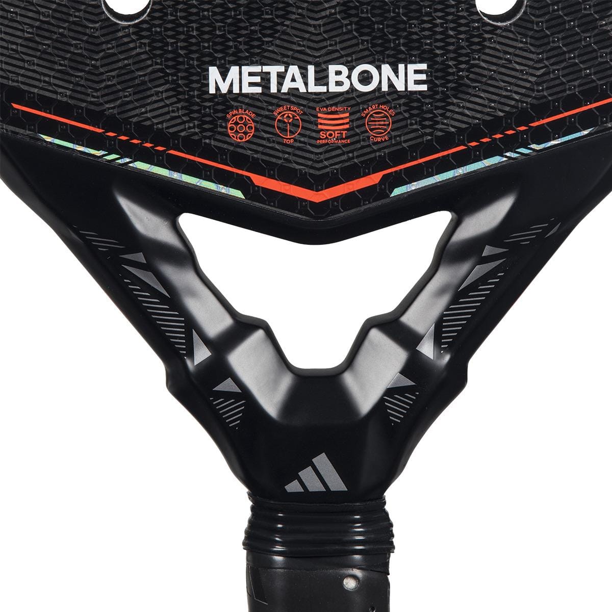 Close-up of the upper handle and lower face of the adidas Metalbone by Ale Galán 2026 Padel Racket, showing "METALBONE" branding, feature icons above the handle, and highlighting its weight and balance system.