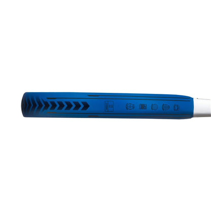 A close-up of the adidas Metalbone Team Light 3.3 Padel Racket handle shows black chevron patterns, icons like a recycling symbol, and a textured grip for excellent hold on this lightweight paddle.