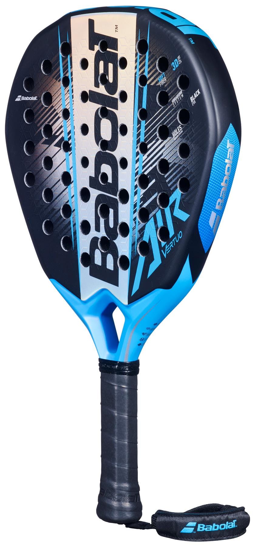 The Babolat Air Vertuo 2.6 Padel Racket features a blue and black design, perforated face, black grip, branded wrist strap, and the Babolat logo with "Air Vertuo" text on the face. Lightweight for excellent control and comfort during play.