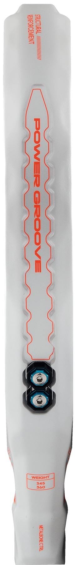 Close-up of the back of the ADIDAS Metalbone Ctrl 2026 padel racket by adidas, showing “Metalbone” in red, two blue and black circular decals, and a weight label near the base—mirroring an adjustable weight system.