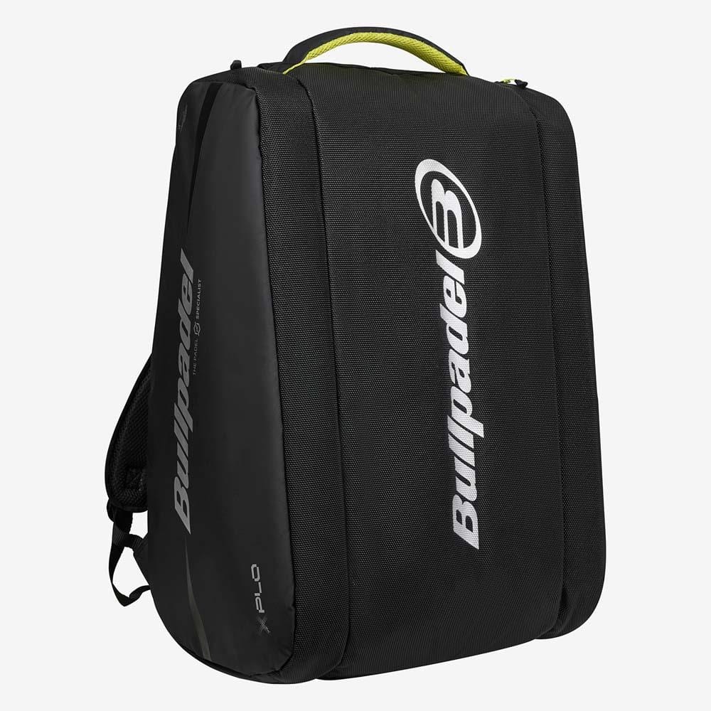 The Bullpadel BPP26022 XPLO Padel Racket Bag in black features a top handle, side straps, and white Bullpadel logos on the front and side, inspired by Martín Di Nenno’s design and shown against a plain white background.