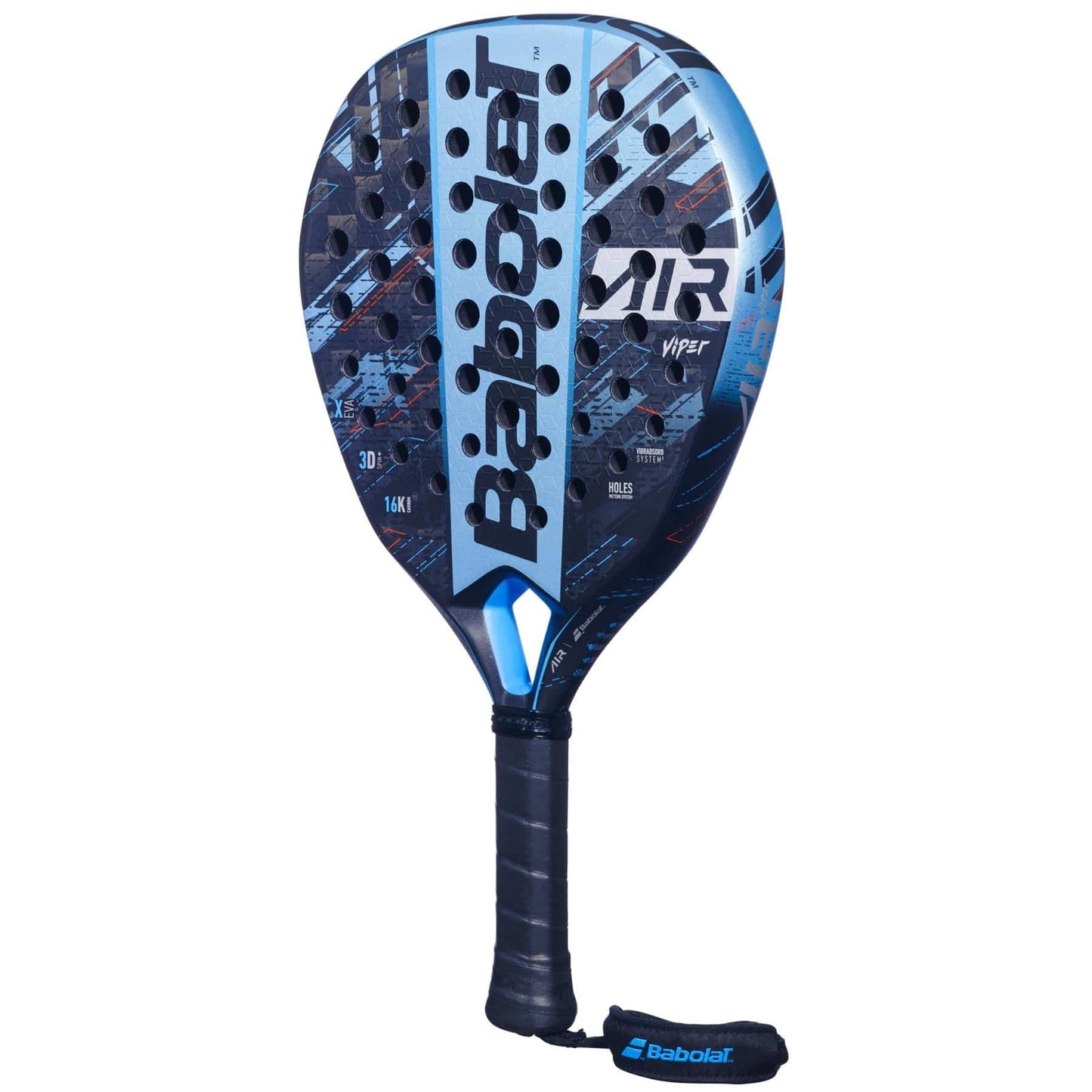 The Babolat Air Viper Padel Racket by Babolat features a blue and black design, textured surface for explosive power, a bold “Babolat” logo, and a black wrist strap on the handle.