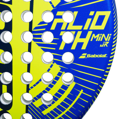 Close-up of the Babolat Alioth Mini Junior Padel Racket for kids by Babolat, showcasing blue and yellow colors, circular holes, and "ALiO 1H MINI JR" with the Babolat logo on its surface.