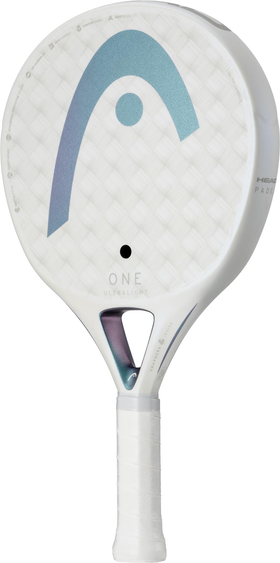 The HEAD One Ultralight White Padel Racket features a textured white surface, large blue and gray HEAD logo, "ONE" above "ULTRALIGHT" near the handle, and white grip tape—ideal for beginner padel players.