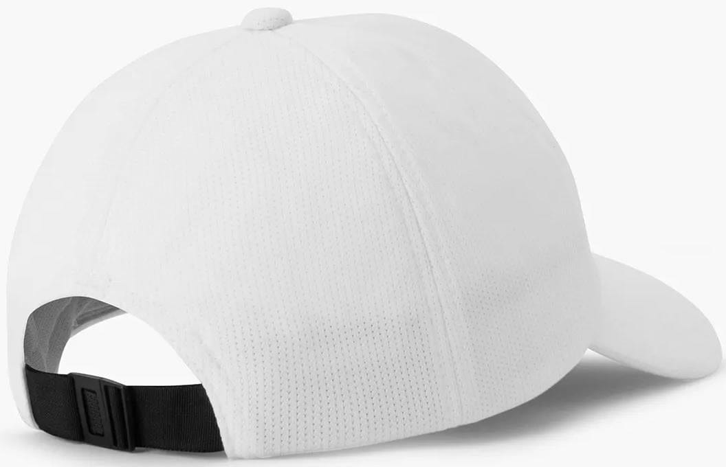 The Yonex 40125EX Padel Cap in white is shown from the back, featuring a black adjustable strap and mesh-like textured side and back panels.