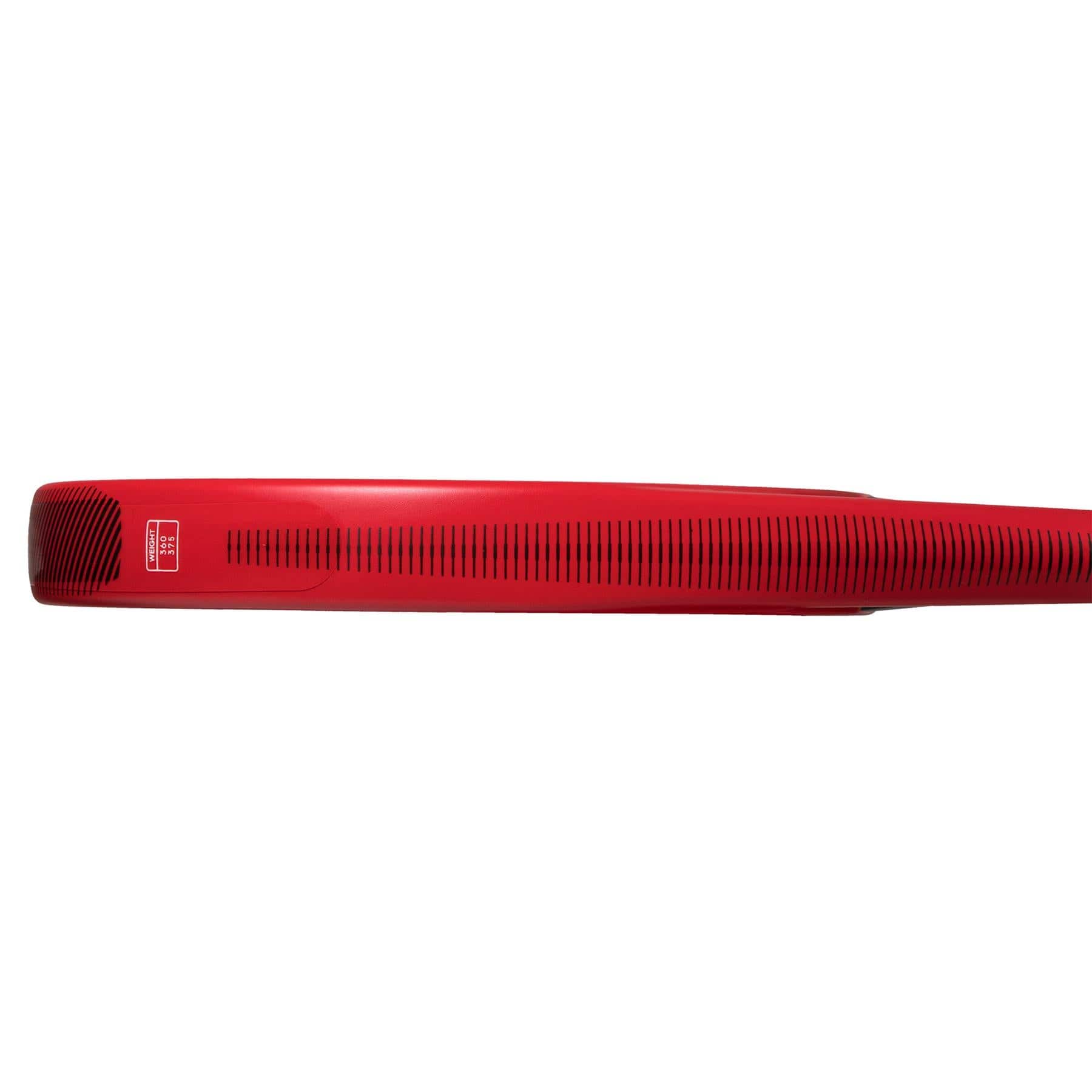 A close-up of the adidas ADIDAS RX Series Red Padel Racket handle, viewed from the side, highlights black ventilation grooves and a small white logo near the end—ideal for beginner padel players.