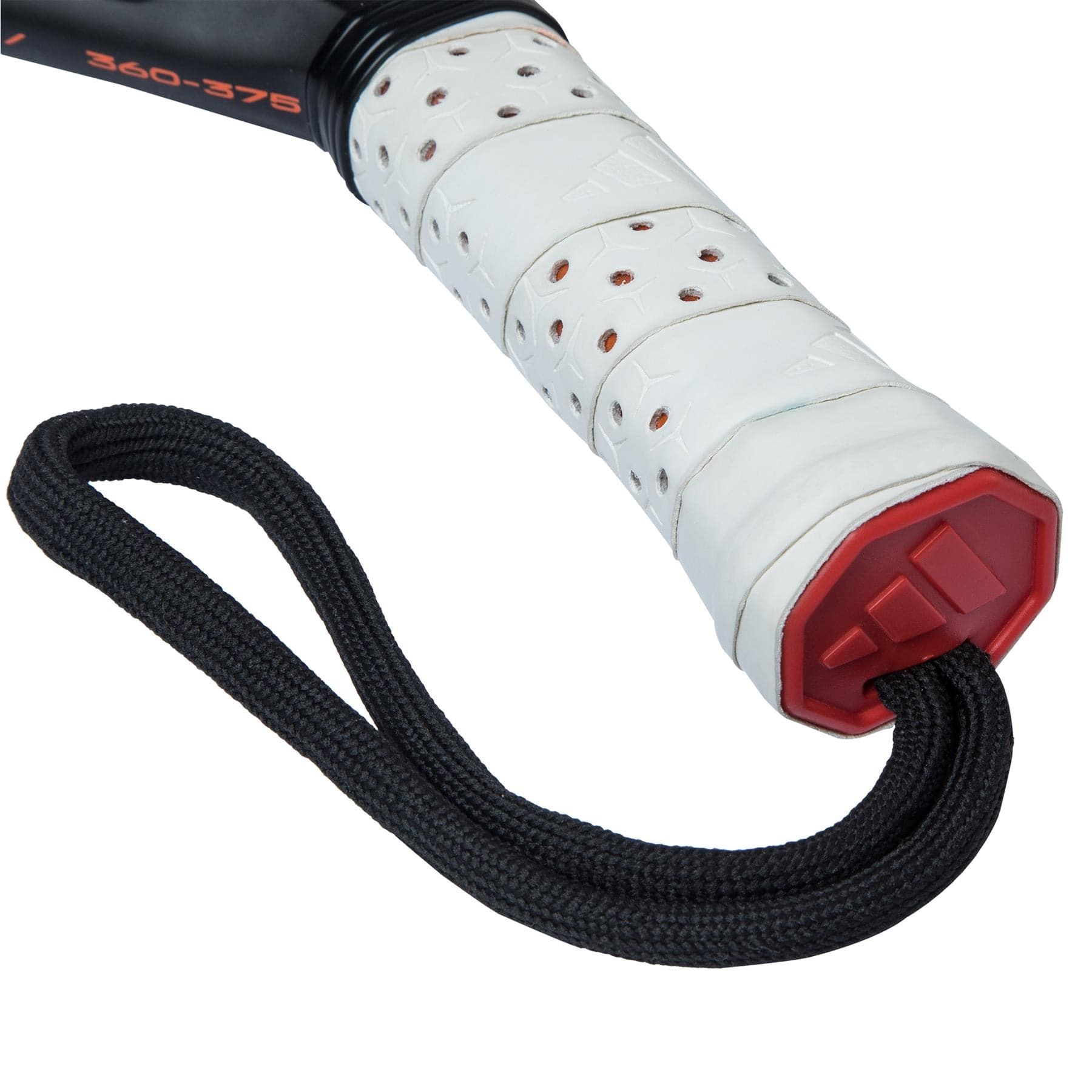 Close-up of the adidas Cross It 3.4 Padel Racket handle with a white grip, black wrist strap, and red octagonal end cap—ideal for aggressive players seeking control, featuring a Carbon 15K face.