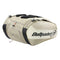 The Bullpadel Vertex 25 Padel Racket Bag in stone features reinforced thermo-lined compartments, bold branding, space for a padel racket, multiple zippered pockets, and padded shoulder straps for comfort.