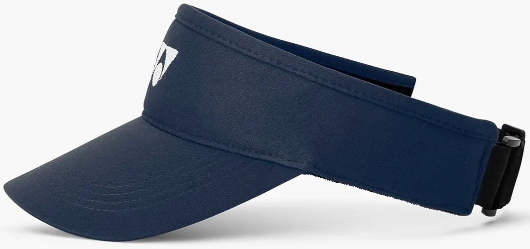 The Yonex 40126EX Padel Visor in navy blue features a curved brim, a white Yonex logo on the front, and an adjustable back strap.