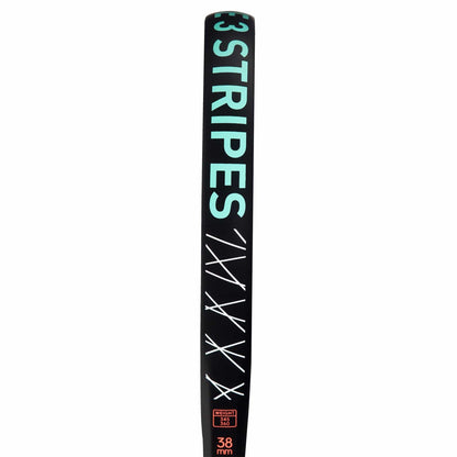 A close-up of the adidas Drive Light 3.3 Padel Racket in black, displaying "33 STRIPES" in bold teal, white accents, and "38 mm" in orange—an ideal choice for beginners.