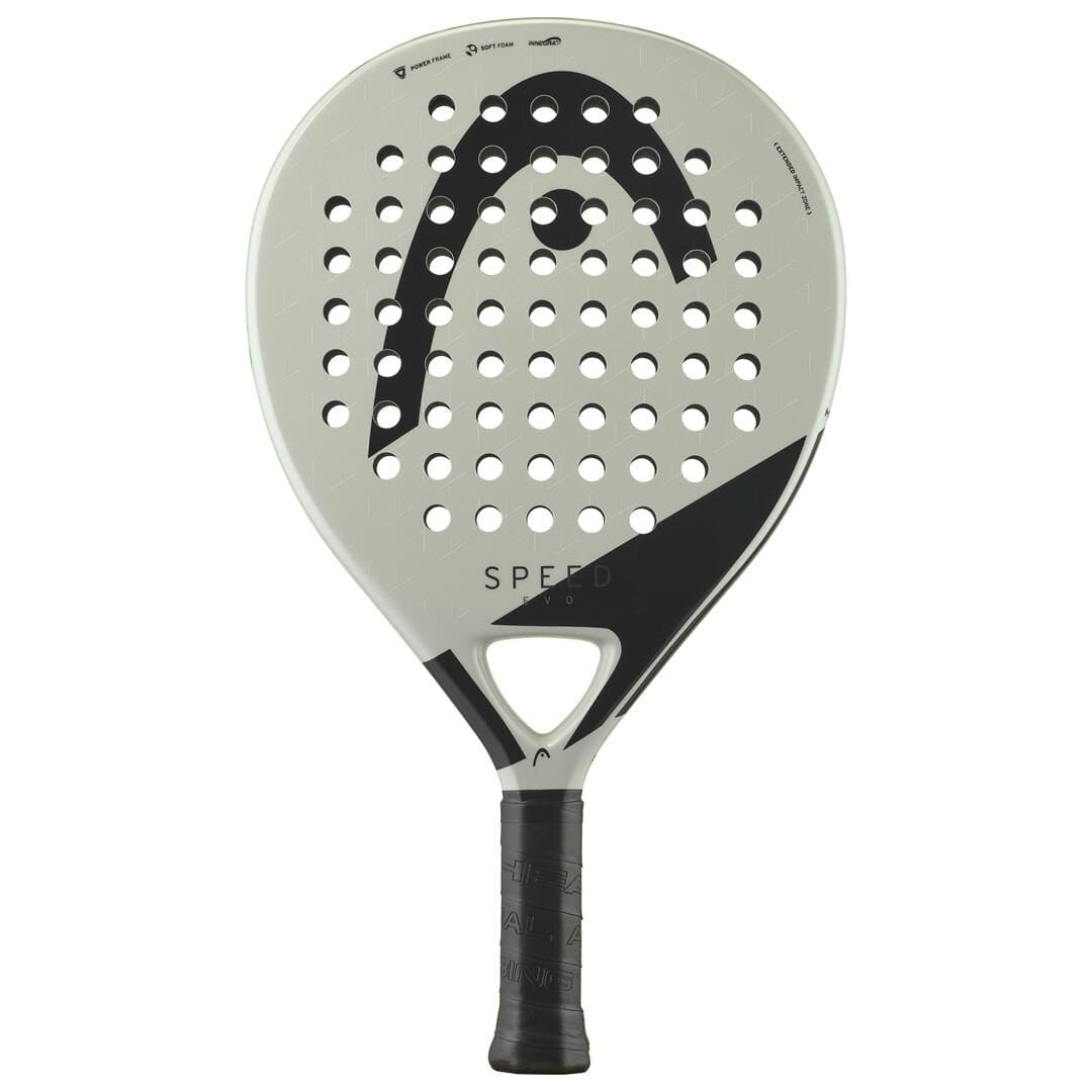 The HEAD EVO Speed 2025 Padel Racket by HEAD features a teardrop-shaped light gray face with a black curved design, multiple holes, and "SPEED" printed above the handle. Its handle is wrapped in black grip tape.