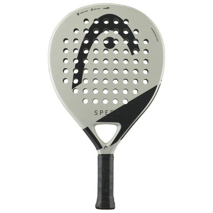 The HEAD EVO Speed 2025 Padel Racket by HEAD features a teardrop-shaped light gray face with a black curved design, multiple holes, and "SPEED" printed above the handle. Its handle is wrapped in black grip tape.