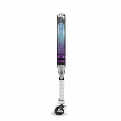 A close-up of the Babolat Dyna Spirit Padel Racket by Babolat, featuring a gradient blue and purple barrel, teardrop headshape, white grip, and black end cap, shown upright on a white background.