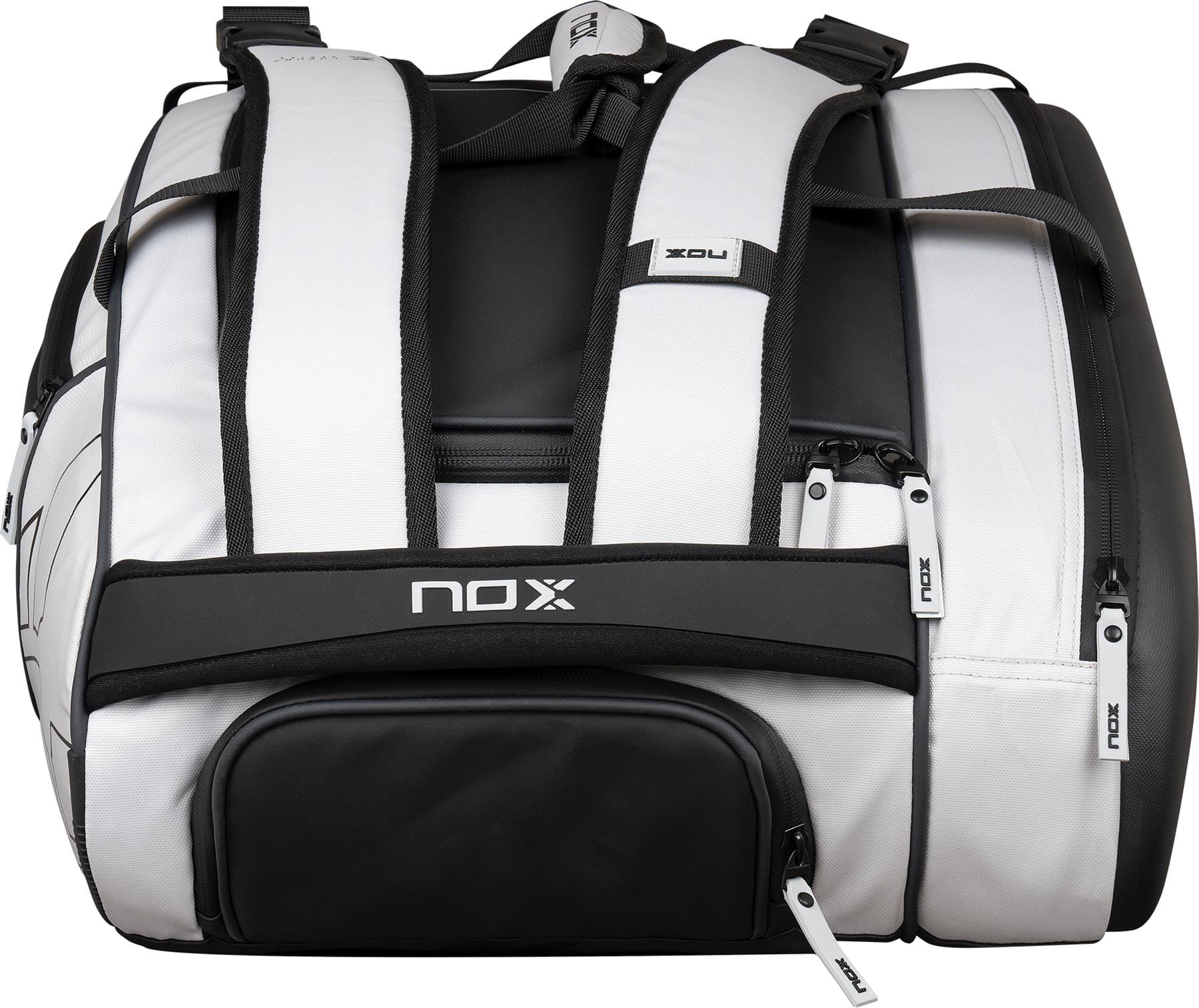 The NOX Luxury Master Series Padel Racket Bag in black and white features multiple zippered compartments, padded shoulder straps, and prominent NOX branding—perfect for padel enthusiasts.