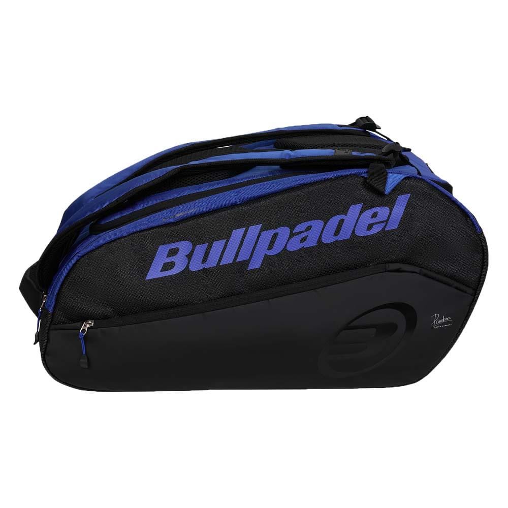 The Bullpadel BPP26002 Vertex Padel Racket Bag - Geo Blue is a black and blue bag with multiple compartments, zippers, and handles, plus the Bullpadel logo in bold blue—ideal for organizing your padel gear.