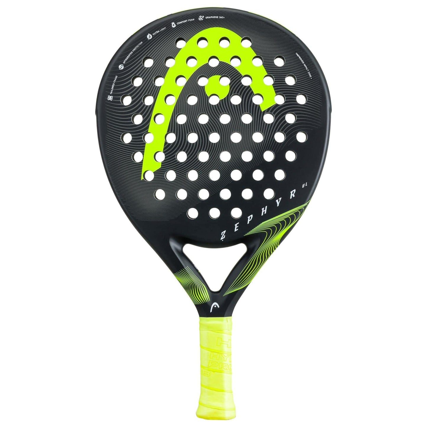 The HEAD Zephyr UL 2023 Padel Racket, by HEAD, is black and yellow with a round perforated face, large yellow logo, "ZEPHYR" text, bright yellow grip, and Graphene 360+ technology for enhanced performance.