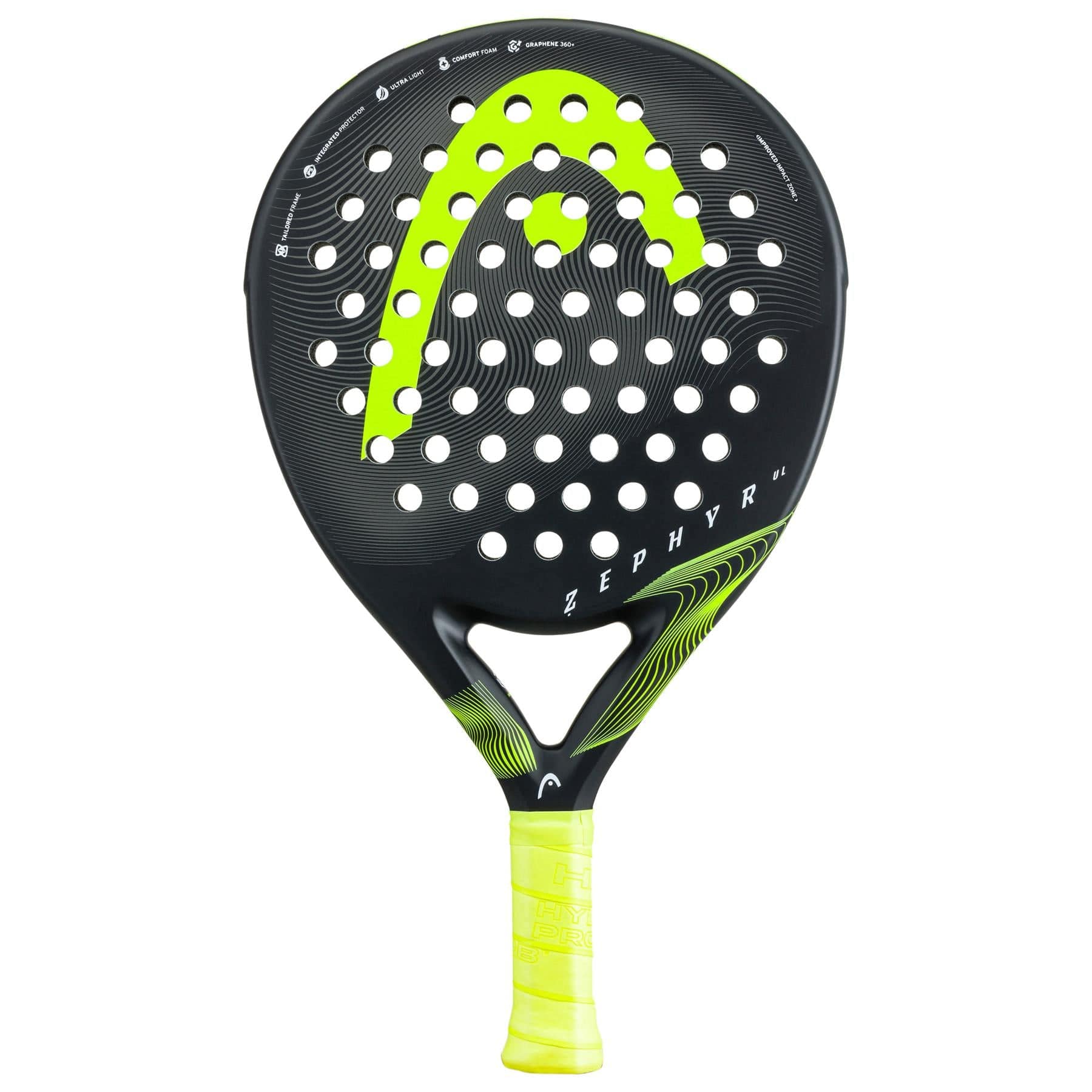 The HEAD Zephyr UL 2023 Padel Racket, by HEAD, is black and yellow with a round perforated face, large yellow logo, "ZEPHYR" text, bright yellow grip, and Graphene 360+ technology for enhanced performance.