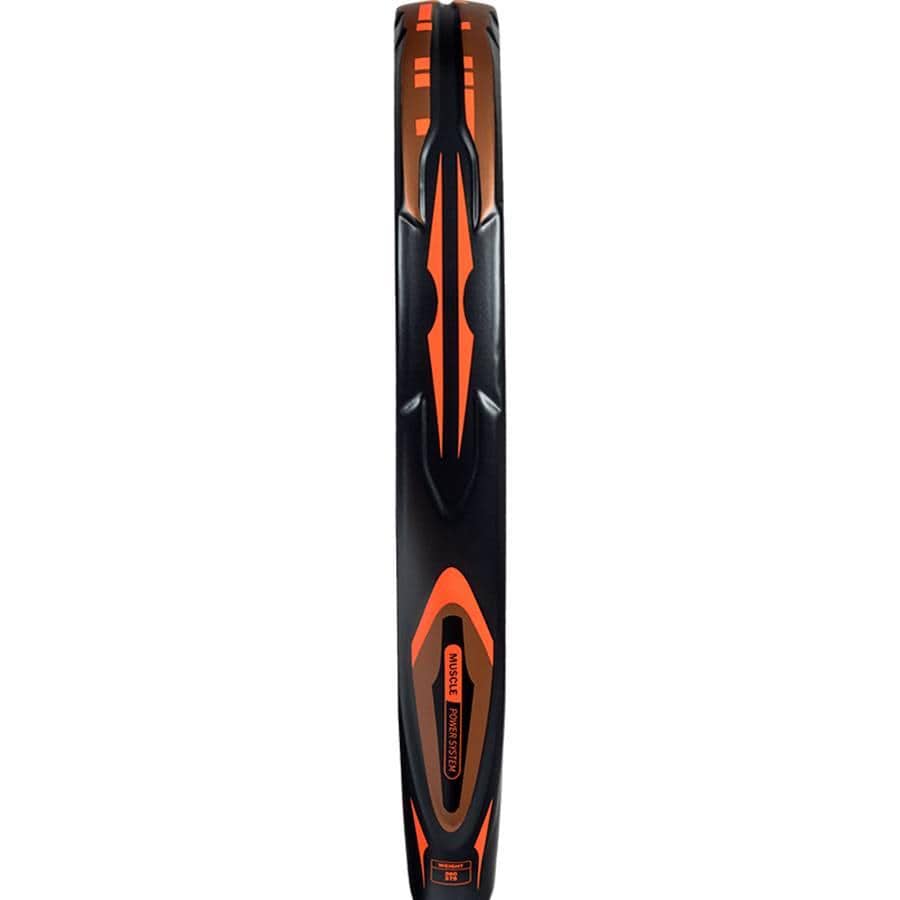 A top view of the adidas Arrow Hit Carbon CTRL 2026 padel racket in black and orange, showcasing sleek angular designs along the sides and the adidas logo near the handle for an advanced padel experience.