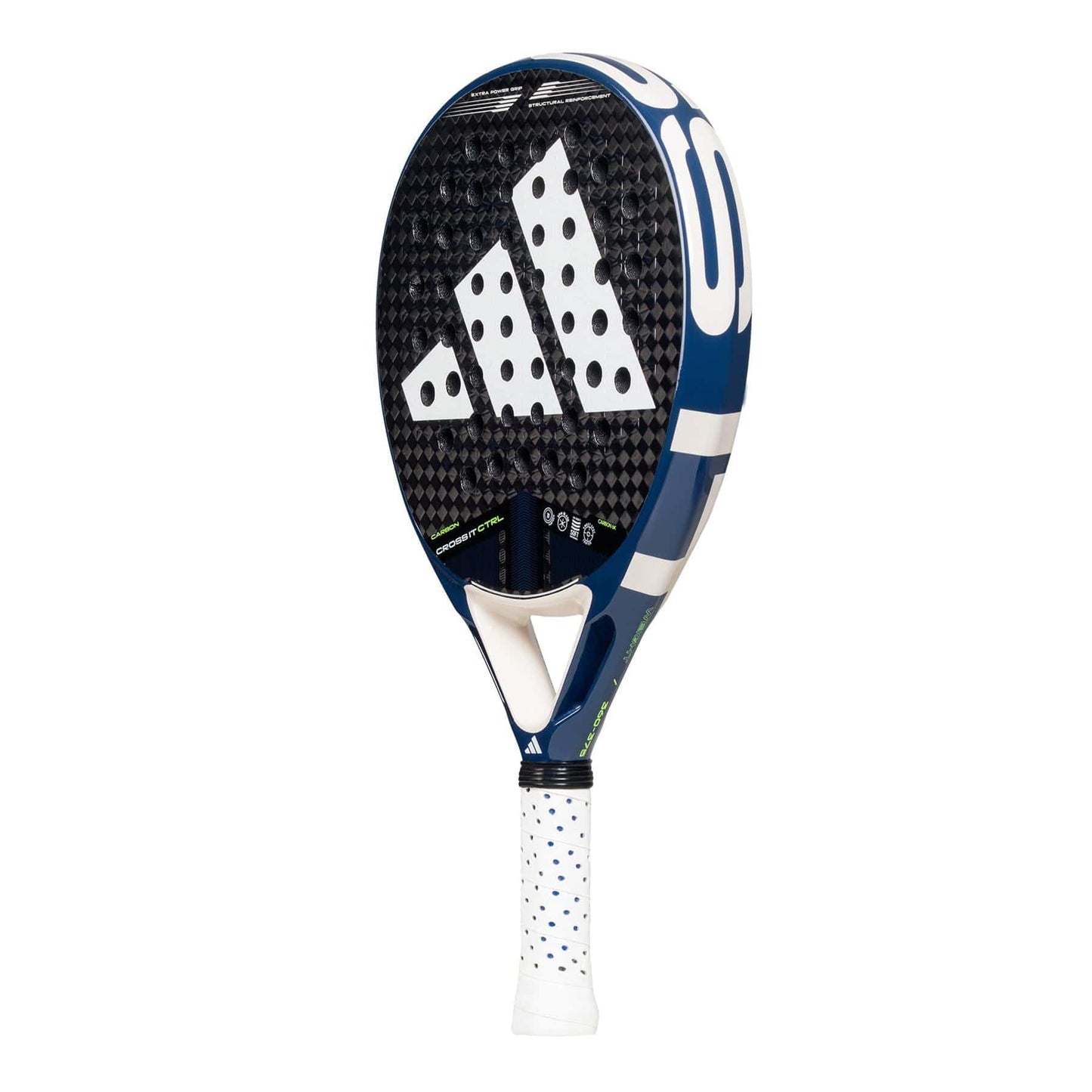 The adidas Cross It Carbon CTRL Padel Racket features a blue and black design, a white grip, and the adidas logo in white on its perforated carbon fibre surface.