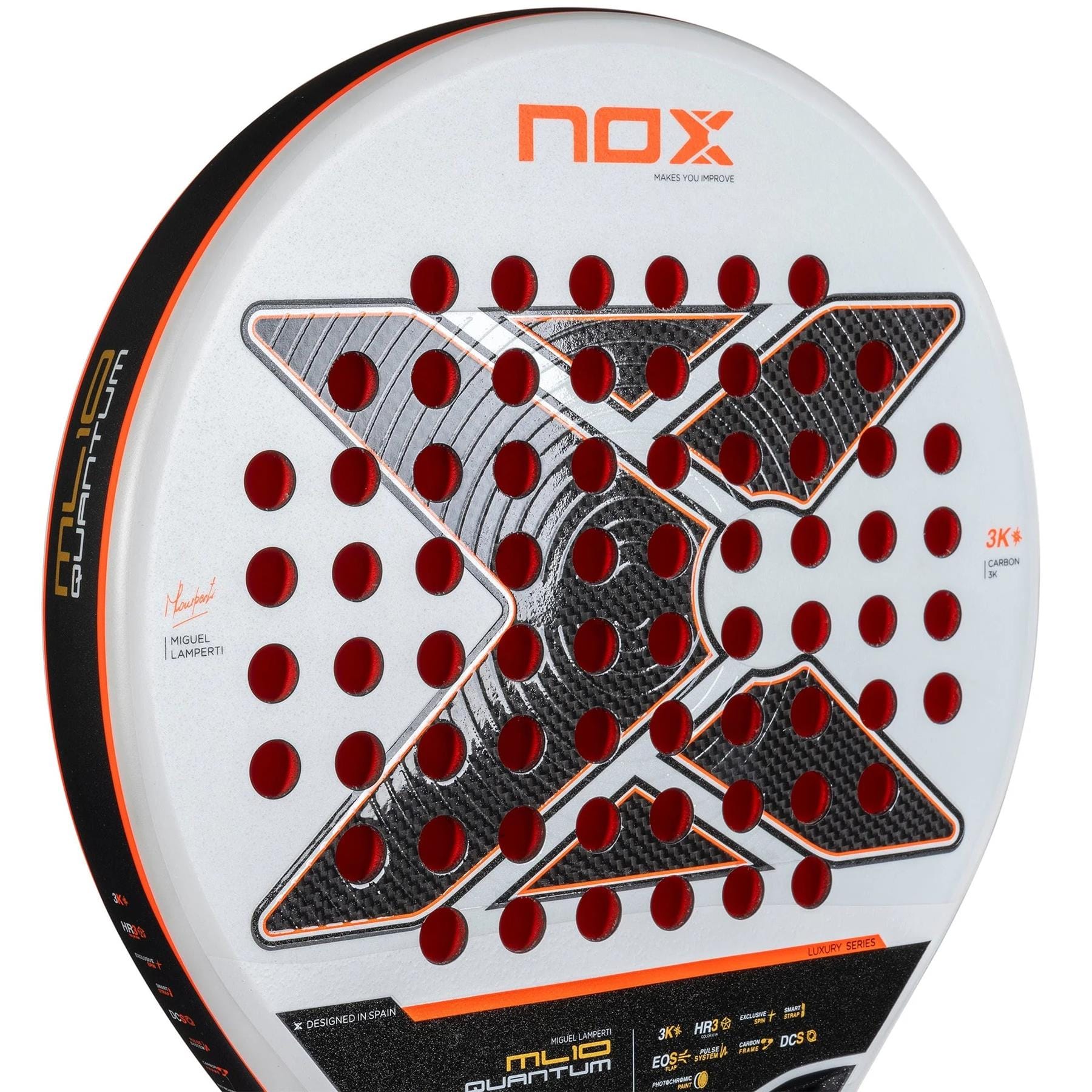 Close-up of the NOX ML10 Luxury Quantum 3K By Miguel Lamperti 2025 Padel Racket, showcasing its white surface, large black and orange "X" motif, red holes, durable 3K carbon fibre, and prominent NOX branding.