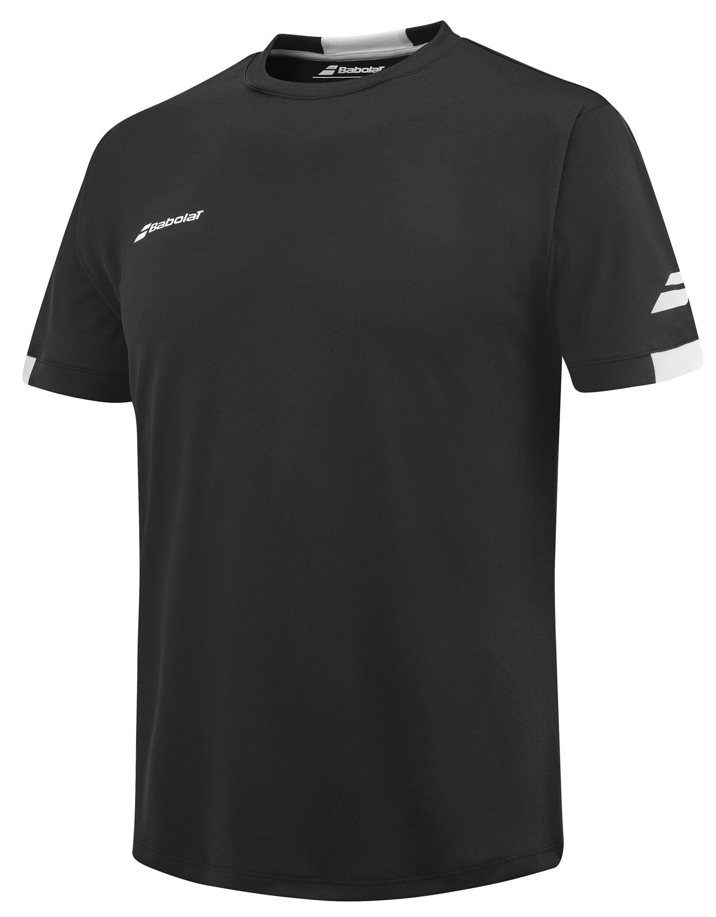 The Babolat Play Men's Crew Neck Padel T-Shirt in black features a sleek crew neck design, adorned with a white logo on both the chest and sleeve. The sleeves are accented with white details near the cuffs. This Fiber Dry shirt, showcased on a plain white background, combines style and comfort for active wearers.