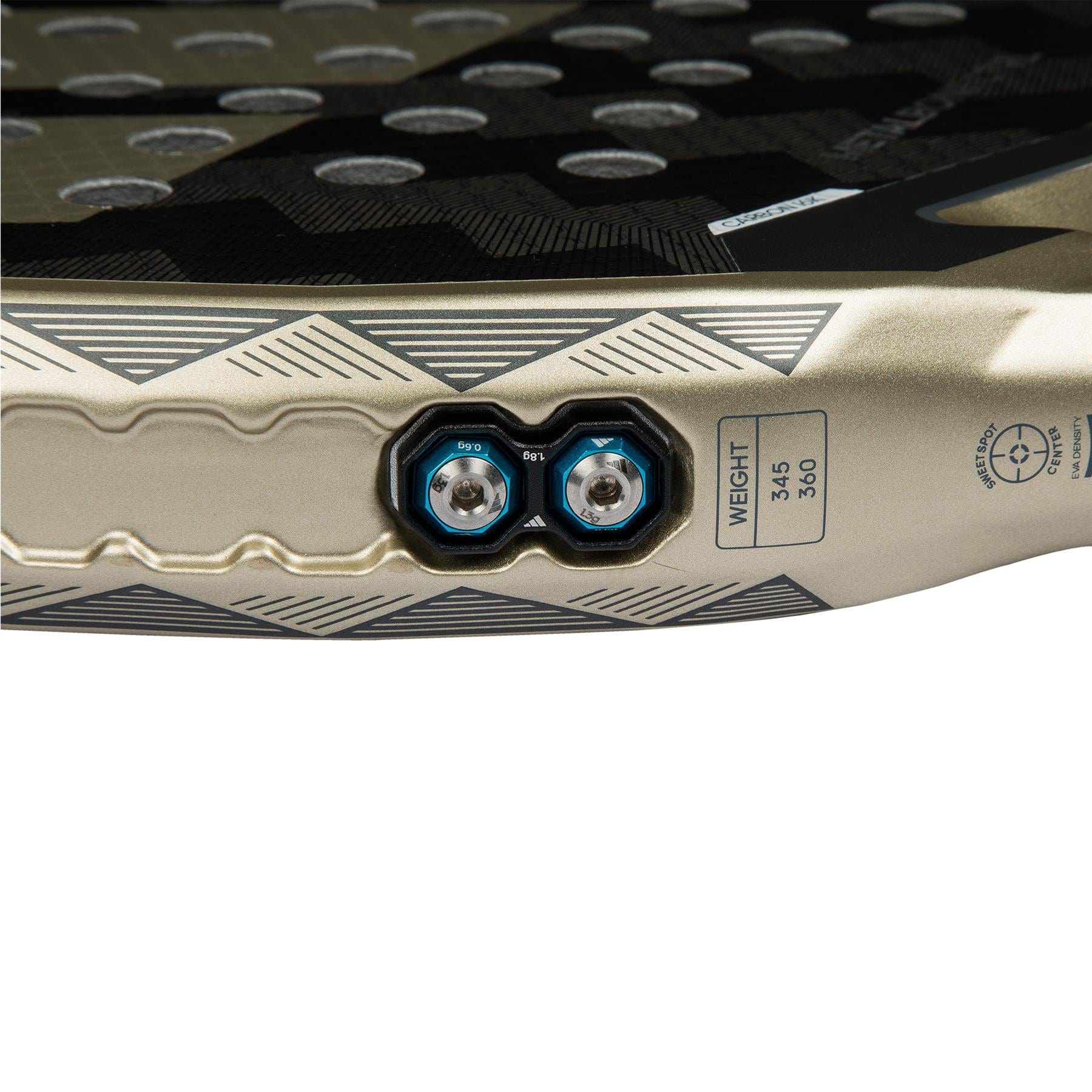 Close-up of the adidas Metalbone CTRL 3.4 Padel Racket edge displaying two adjustable Weight and Balance System screws, a "weight" label showing 345–360 grams, and detailed textured surface patterns.
