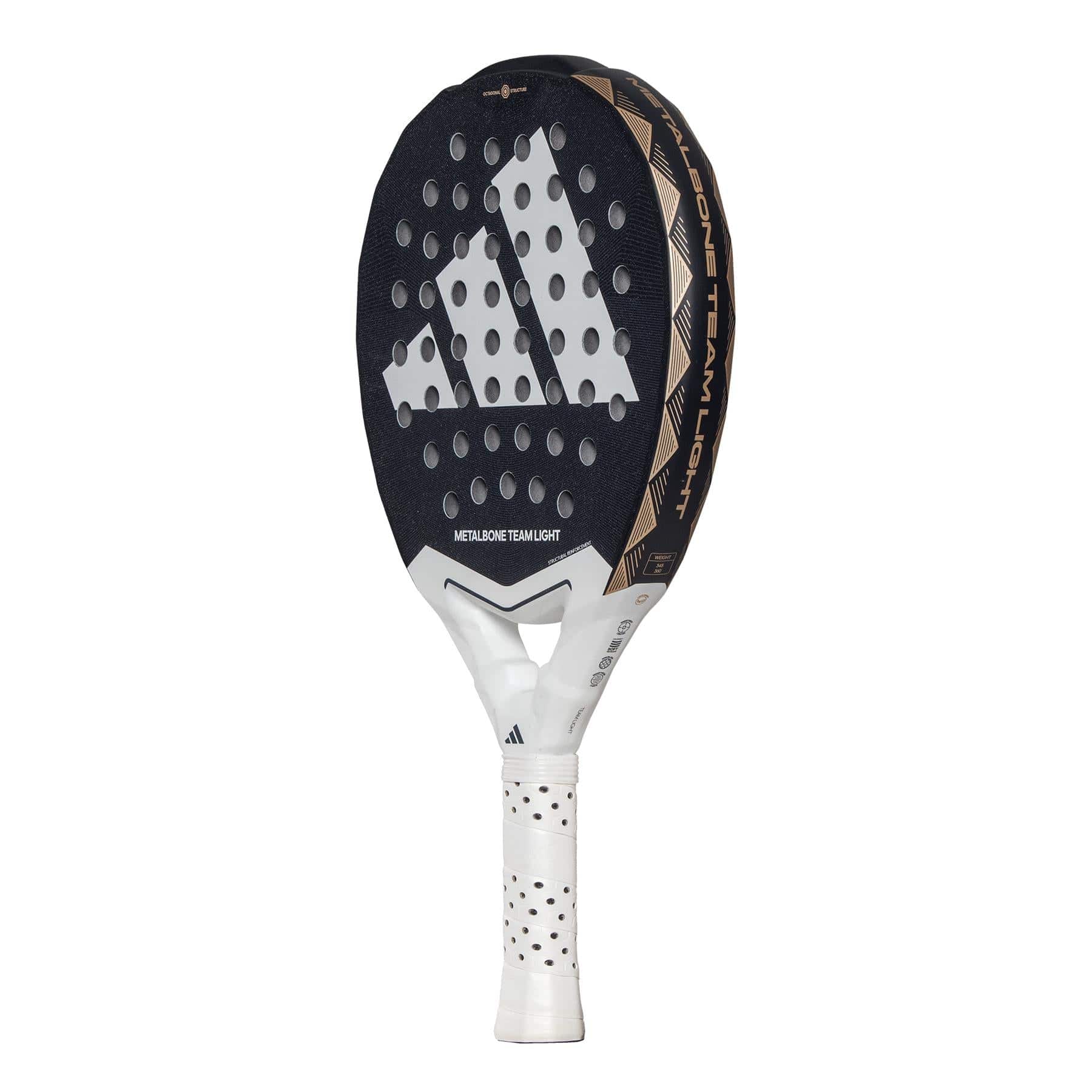 The adidas Metalbone Team Light 3.4 Padel Racket features a black and gold design, white grip, perforated face, and prominent adidas logo—perfect for advanced players seeking a lightweight racket with style and performance.