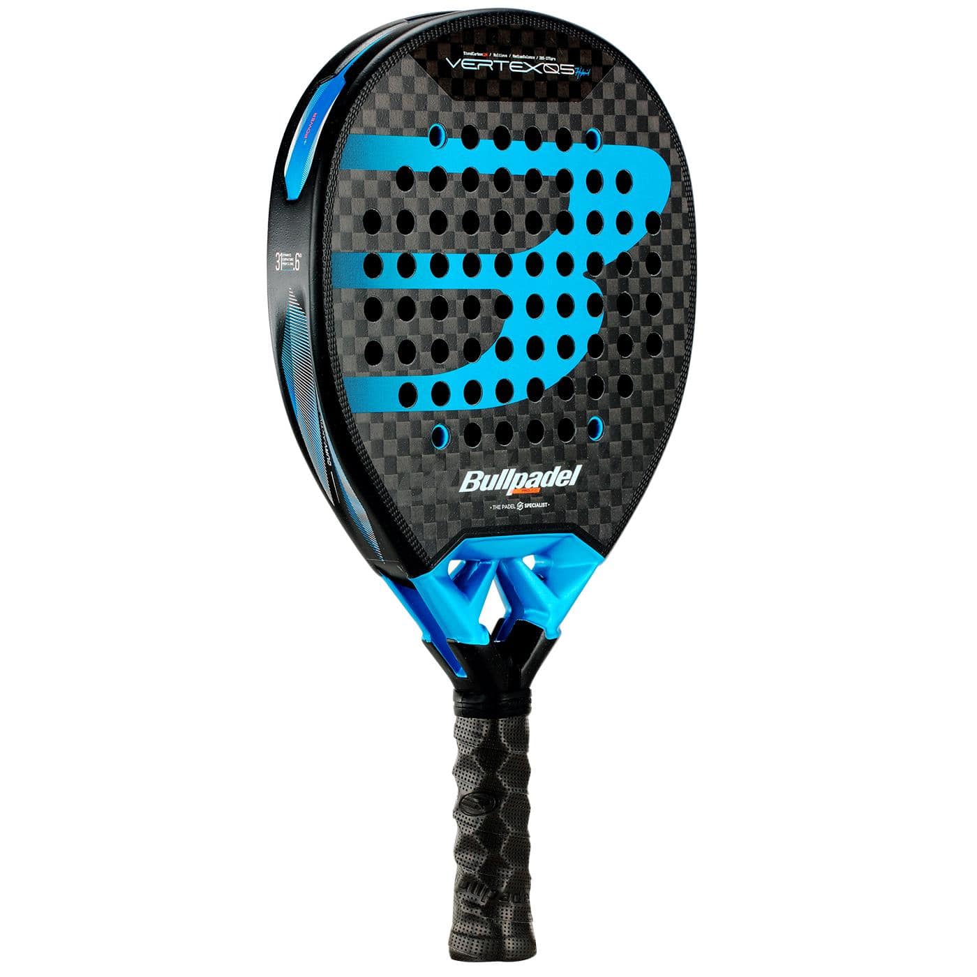 The Bullpadel Vertex 05 Hybrid 2026 Padel Racket features a hybrid shape, textured surface, large “B” logo, perforated holes, and a black handle in black and blue—engineered by Bullpadel for high-performance padel play.