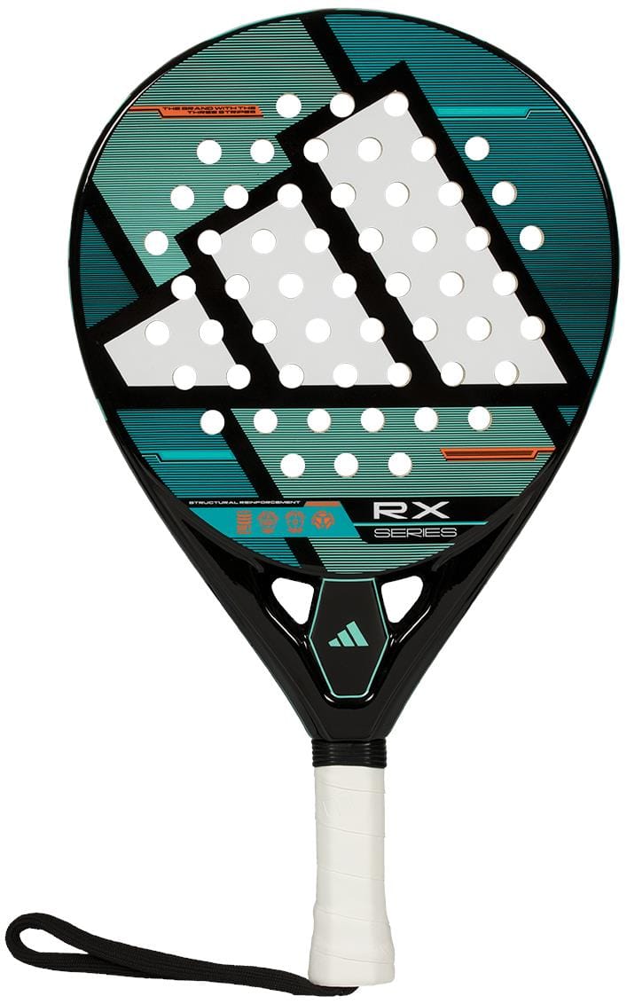The adidas RX Series 2026 Padel Racket features a teal and black geometric design, white Smart Holes Lineal perforations, a white grip, black wrist strap, and “RX SERIES” text—perfect for intermediate padel players.