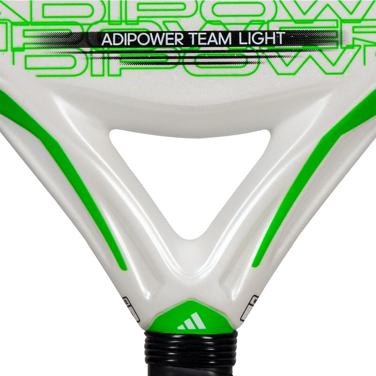Close-up of the top part of the adidas ADIDAS Adipower Team Light 3.3 Padel Racket, a lightweight padel racket with bold green text and the adidas logo visible near the handle.