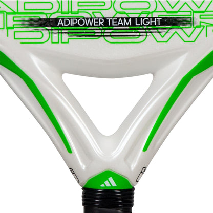 Close-up of the top part of the adidas ADIDAS Adipower Team Light 3.3 Padel Racket, a lightweight padel racket with bold green text and the adidas logo visible near the handle.