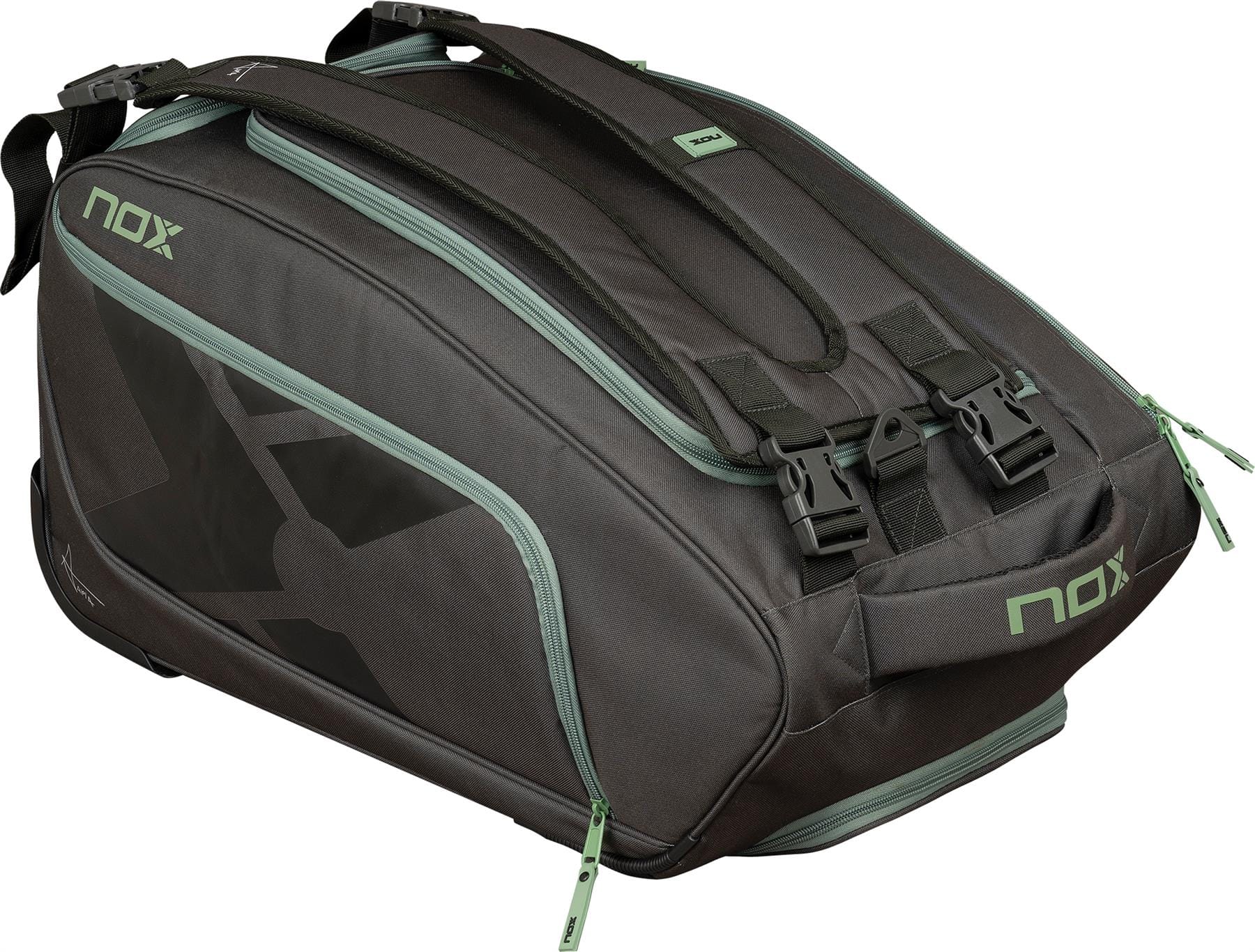 The NOX AT10 Competition Trolley Padel Racket Bag in black/green features wheels, ample compartments, handles, and bold NOX branding—making it a spacious and practical choice for padel players.