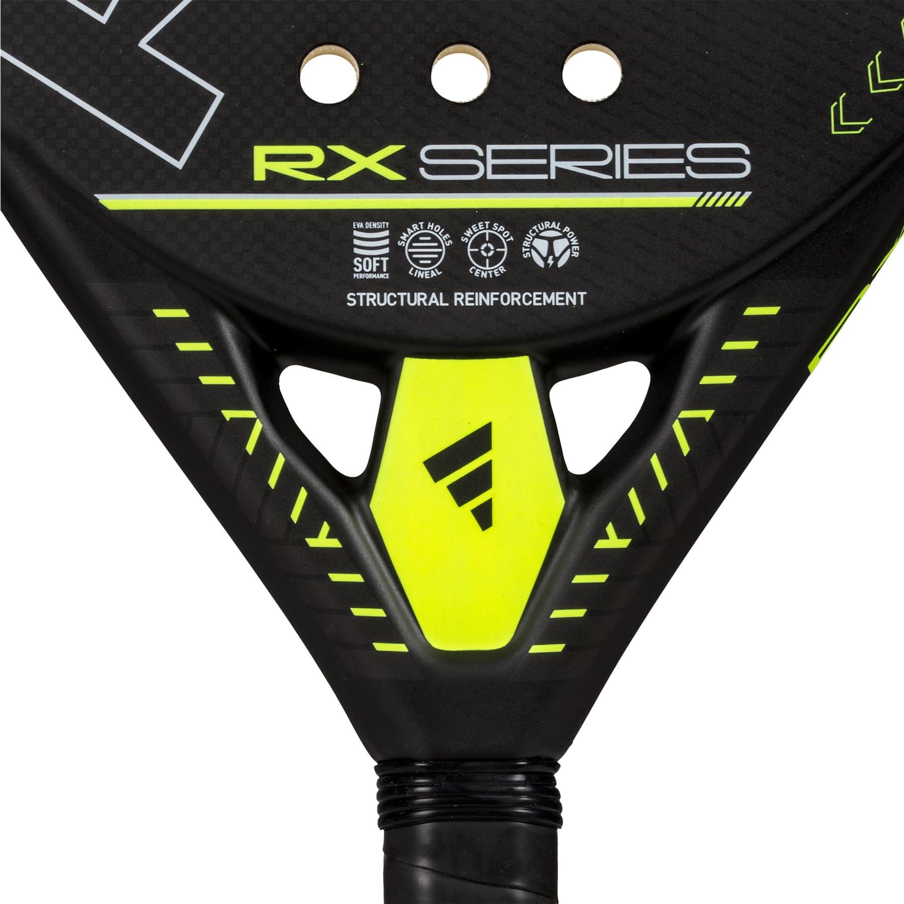Close-up of the adidas RX Series Lime 3.4 Padel Racket, an intermediate racket featuring "RX SERIES" text, soft foam, reinforcement logos, and a geometric logo near the throat.