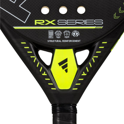 Close-up of the adidas RX Series Lime 3.4 Padel Racket, an intermediate racket featuring "RX SERIES" text, soft foam, reinforcement logos, and a geometric logo near the throat.