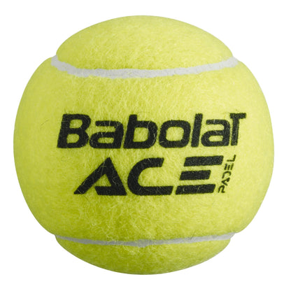 The Babolat Ace Padel X3 features yellow padel balls with black branding, showcasing subtle texture and stitching. Ideal for competitive players, these balls are trusted by the International Padel Federation to lead the game.