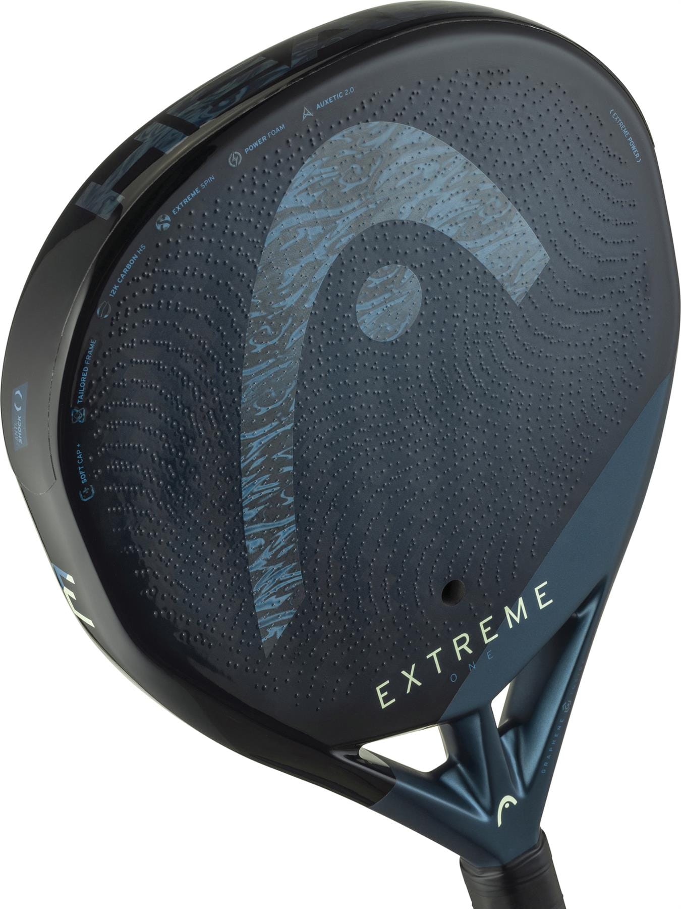 Close-up of the HEAD Extreme One 2025 Padel Racket, featuring a textured 12K Carbon Fibre surface, large HEAD logo, and "EXTREME" by the handle—engineered for ultimate Extreme Spin.