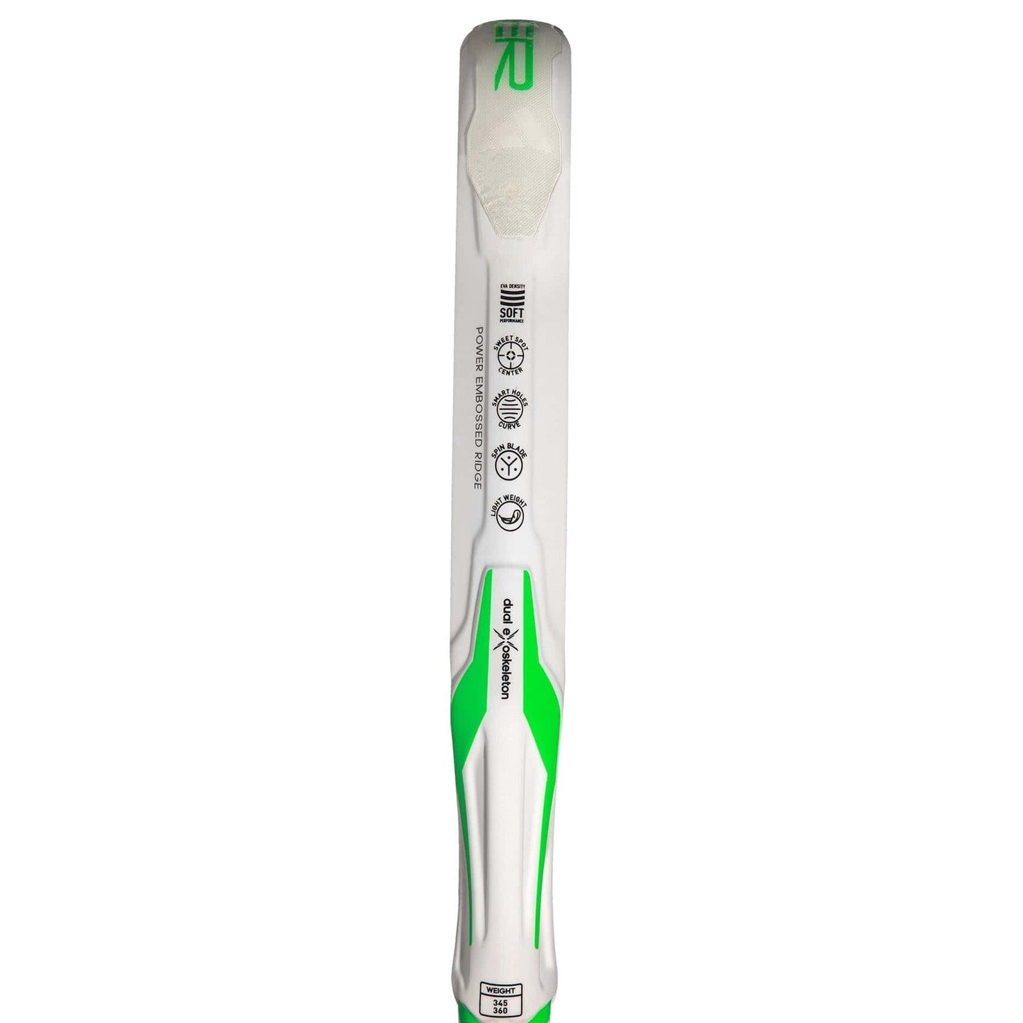 A white and green cricket bat shown from the back features lightweight construction with black adidas logos along the spine, reminiscent of the control in the ADIDAS Adipower Light 3.3 Padel Racket. Some text appears near the bottom.